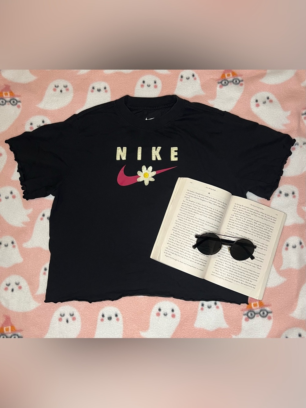 Nike Black Tee with Pink Swoosh and Daisy